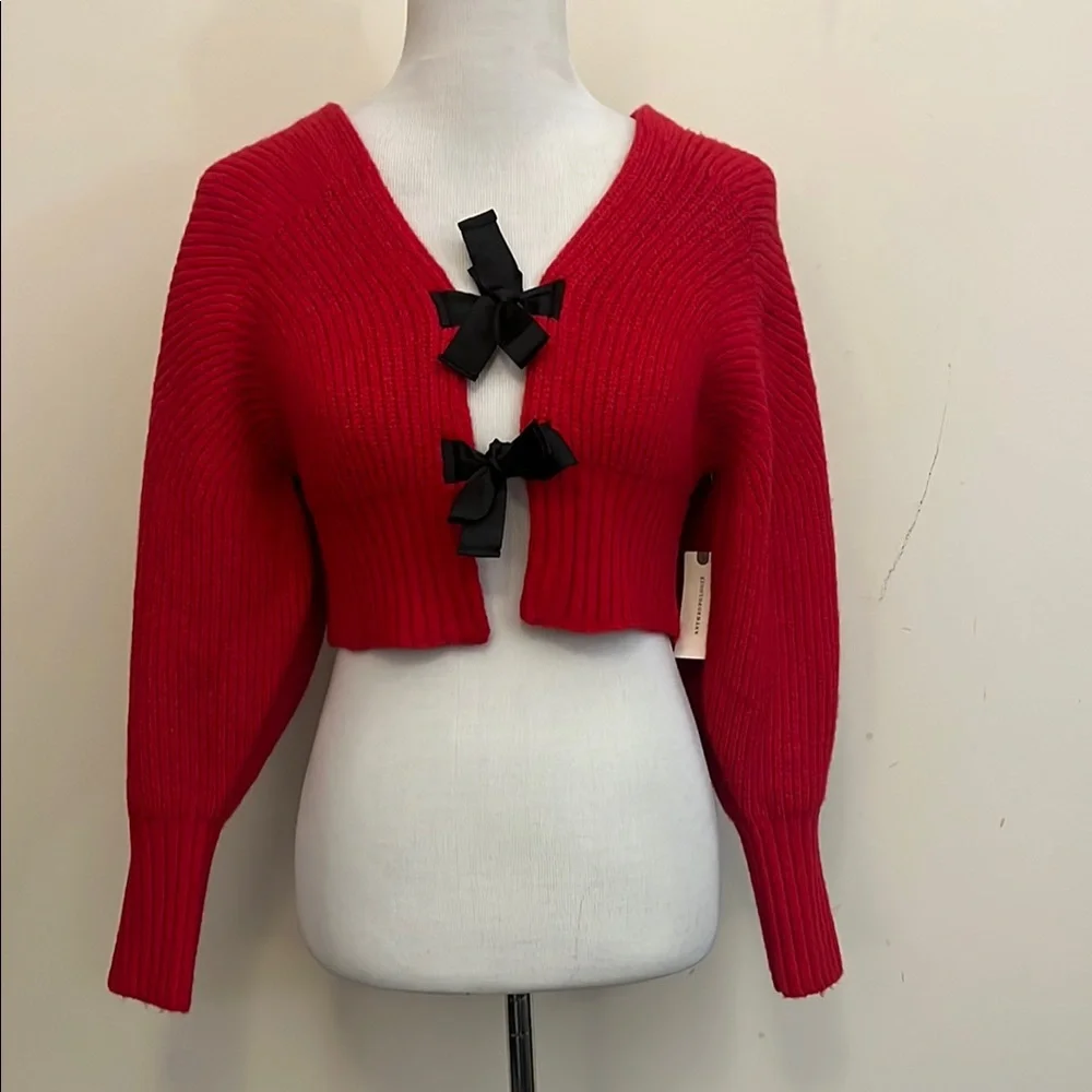 By Anthropologie Rhea Bow-Front Crop Cardigan Sweater New Red & Black Size XXS - Picture 2 of 7